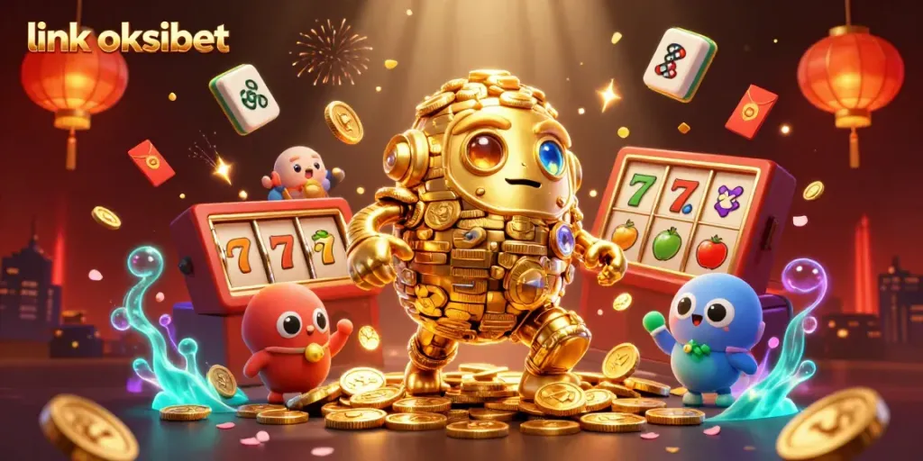 Gambarkan keseruan bermain link oksibet dengan golem emas, simbol slot, dan suasana kasino yang memikat.