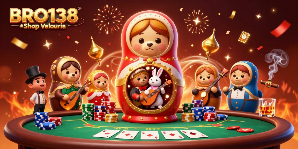 Enjoy vibrant casino action with BRO138 di Shop Velouria's dynamic 3D scene, featuring playful characters and poker elements.