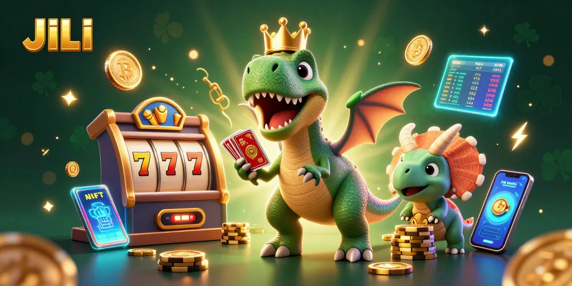 Permainan JILI dengan T-Rex permata mengocok kartu dan triceratops menumpuk chip emas dalam suasana kasino yang ceria.