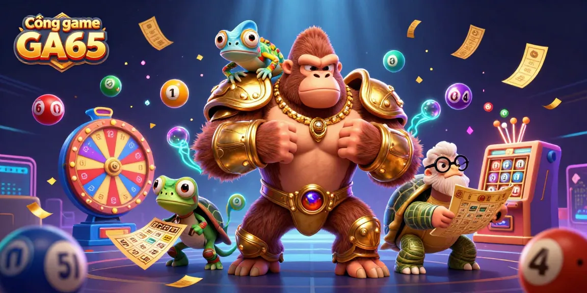 Cổng game GA65 showcases dynamic interactions with vibrant lottery elements in an immersive 3D illustration.