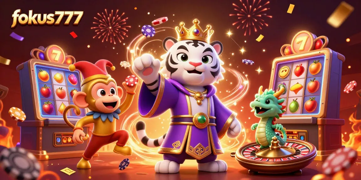 Experience thrilling gameplay at fokus777 with an energetic scene featuring a tiger, monkey, and overflowing poker chips.