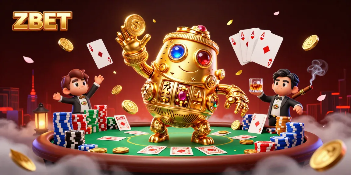 ZBET shines as a vibrant golden golem amidst a lively poker scene filled with colorful chips and cards.