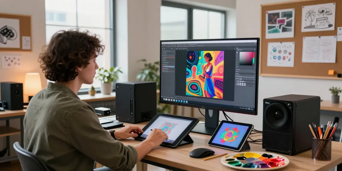 Artist creating stunning NSFW AI images in a bright digital studio.