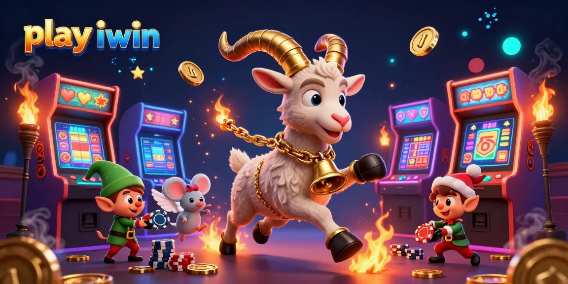 Play iwin in an engaging casino scene with Krampus, an angel mouse, and mischievous gremlins, alongside vibrant slot machines.