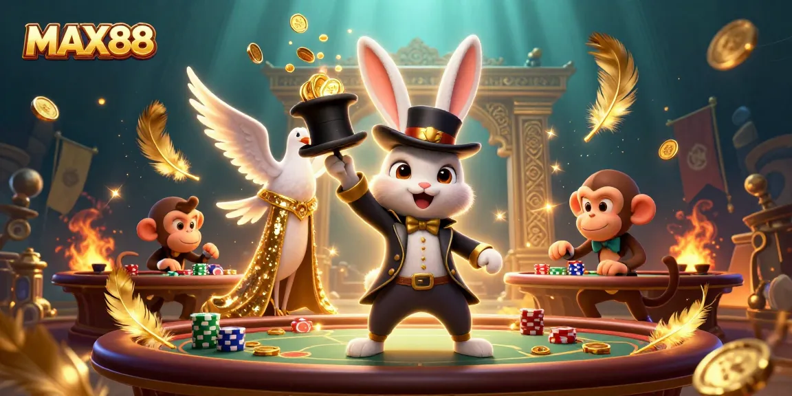 Experience vibrant casino excitement with MAX88 - a cartoon magician and playful characters.