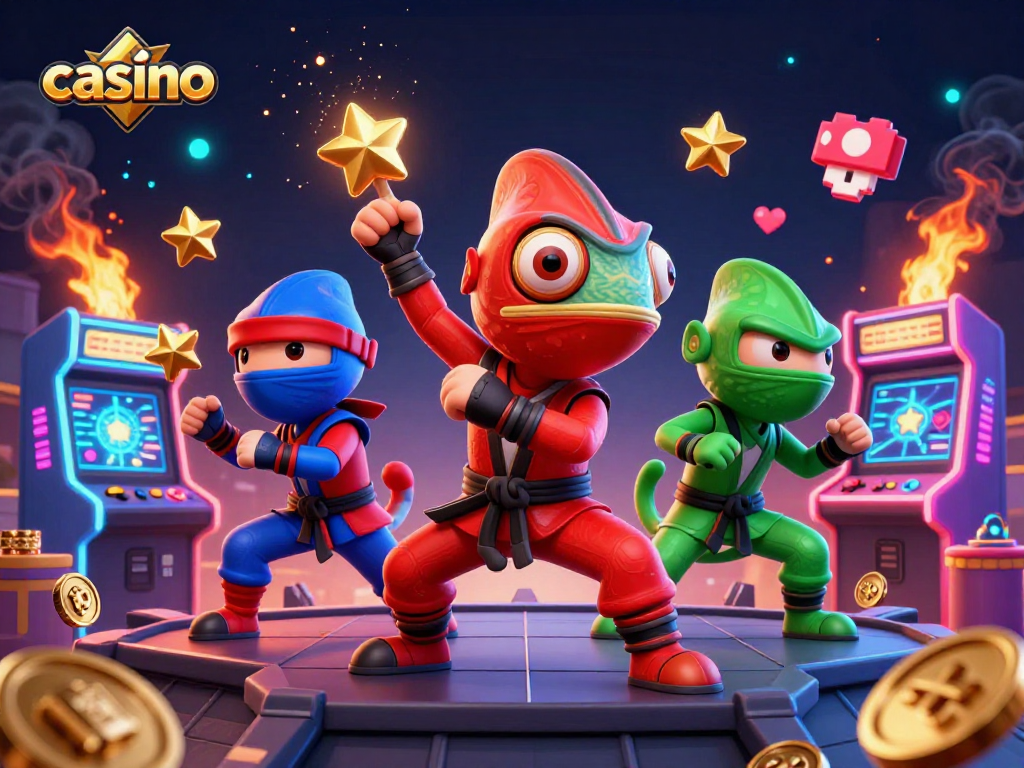 Experience thrilling casino action with chameleon ninjas showcasing their martial arts alongside vibrant gaming elements.