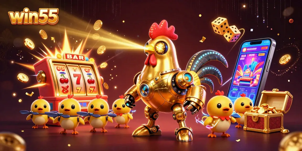 Win55 showcases a vibrant scene of gambling excitement with a golden rooster robot amidst dazzling slot machines and cash.