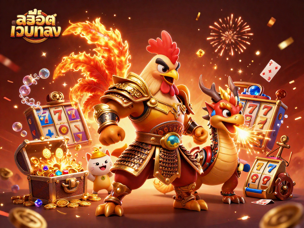 Engage in thrilling adventures with สล็อตเว็บตรง featuring slot reels, golden jackpots, and 3D cartoon characters in a vibrant casino world.