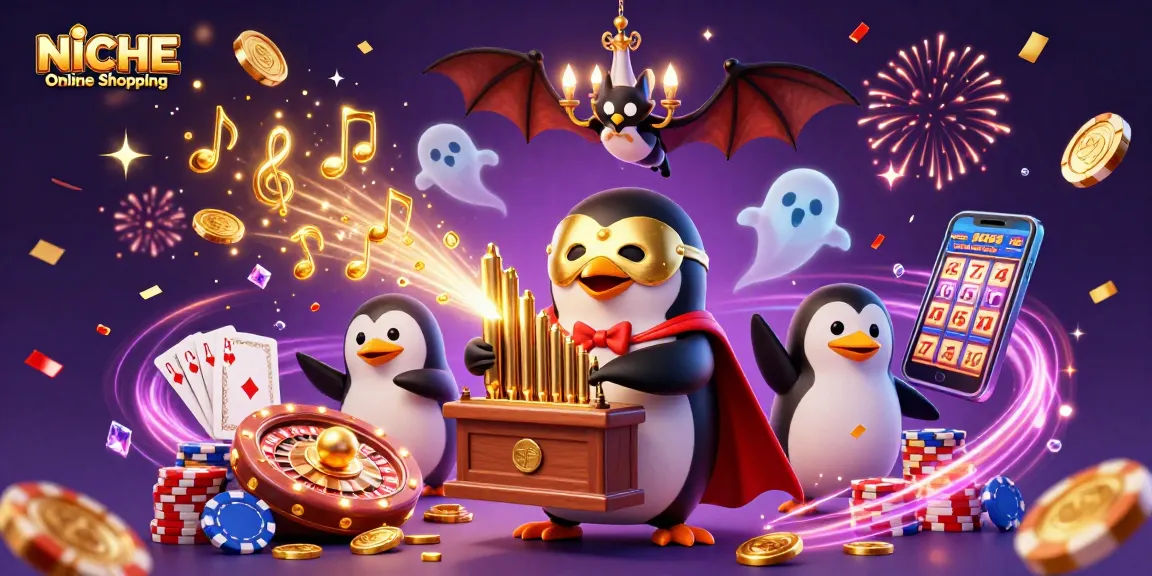 Experience NICHE Online Shopping with a vibrant casino-themed celebration featuring dynamic game elements and characters.