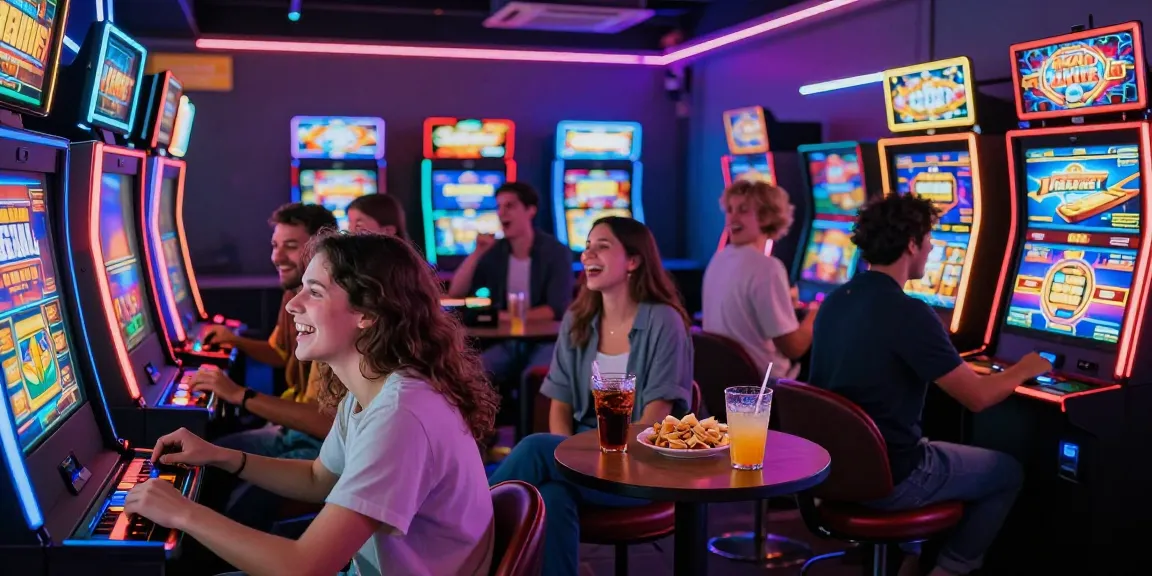 Pengunjung sedang bermain slot di VEGAS123 dengan kegembiraan dan lampu neon berwarna-warni.