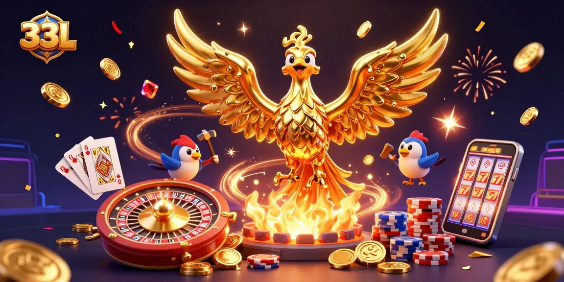 33L creates an exciting atmosphere with golden phoenix, poker chips, and coins in a vibrant casino scene.