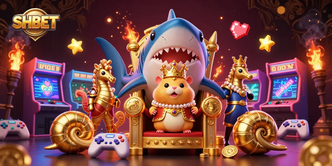 Experience vibrant SHBET casino gameplay with a fierce hamster king and royal seahorse guards.
