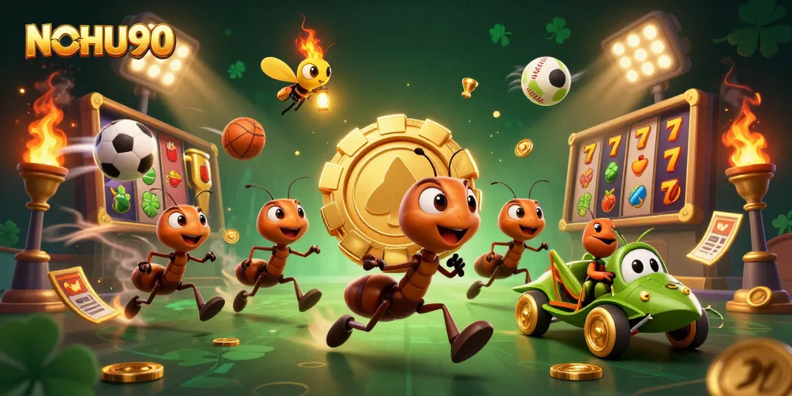 NOHU90 team of ants winning a heist with a golden poker chip, celebrating in a vibrant casino setting.
