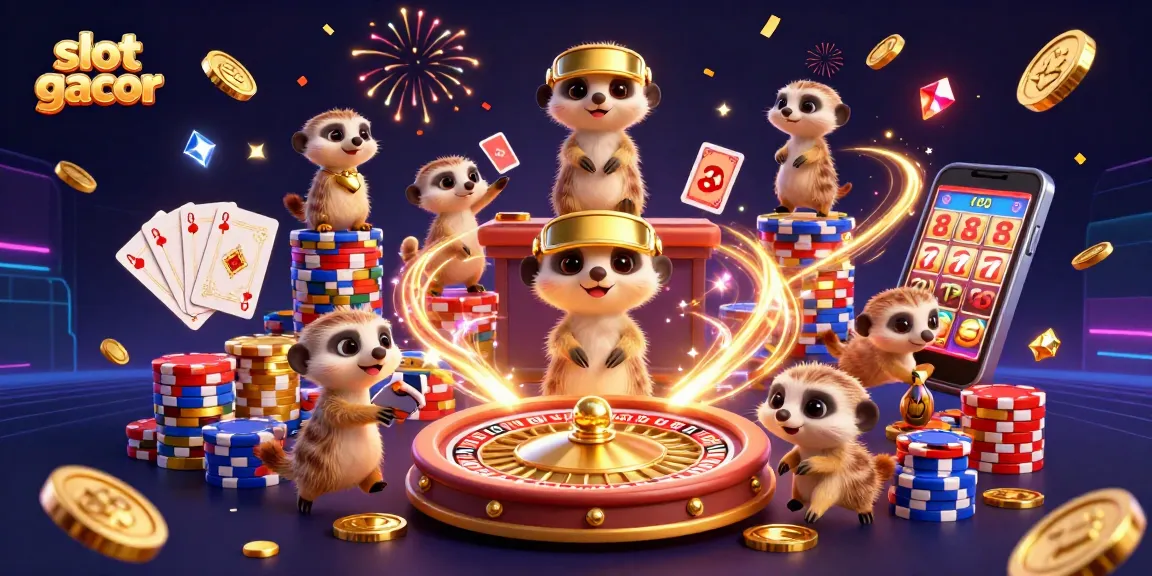 Experience the excitement of slot gacor with animated meerkats orchestrating a lively casino scene.
