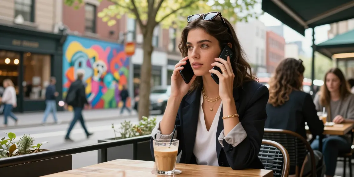 Gái gọi đang trò chuyện trên smartphone tại quán café sang trọng giữa phố phường sôi động.