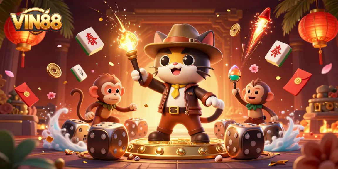 Play thrilling games at VIN88 with exciting golden casino artifacts and dynamic characters in action.
