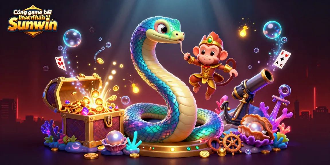 Cổng game bài đổi thưởng Sunwin evokes excitement with vibrant 3D visuals of gaming elements and characters.