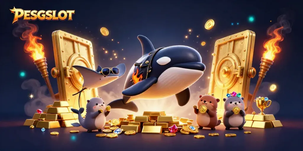 Gambarkan pengalaman PESGSLOT seru dengan orca, ikan pari, dan keluarga berang-berang membawa koin emas.