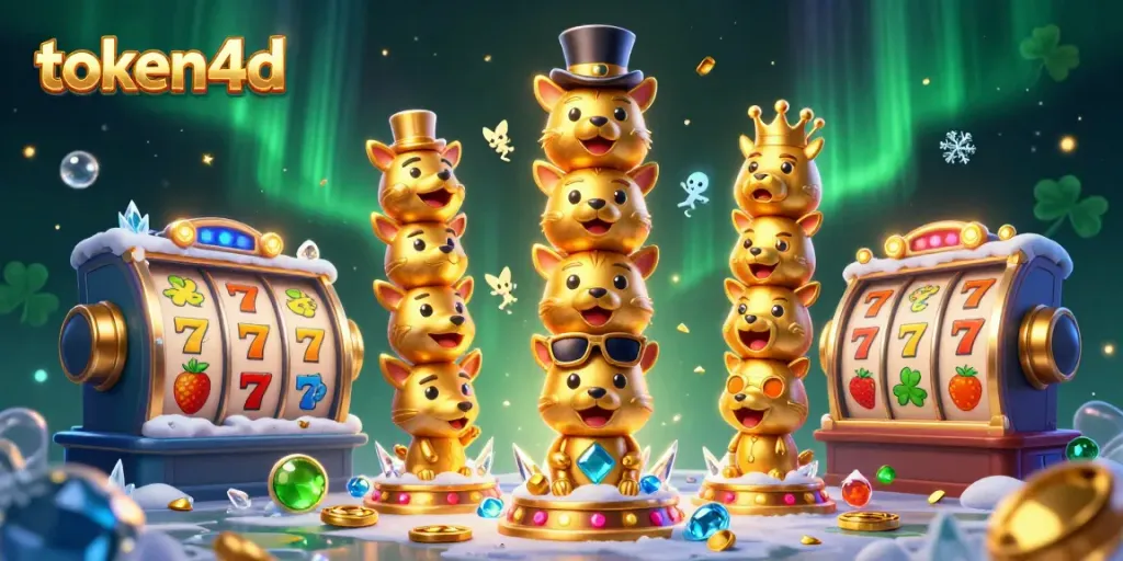 Permainan slot token4d dengan totem emas dan simbol jackpot yang menyenangkan.