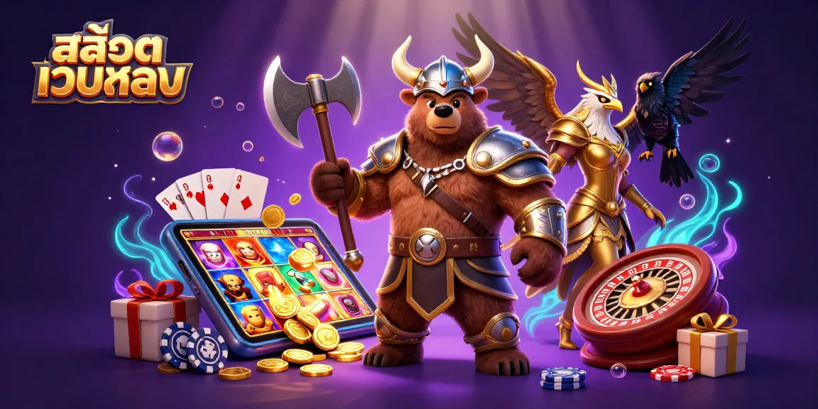 Experience exciting สล็อตเว็บตรง action with mythical Viking and Valkyrie in a dynamic casino illustration.