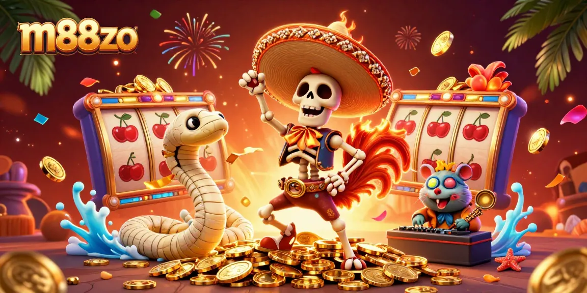 Join the excitement at m88zo with a vibrant casino scene featuring a dancing mariachi rooster, mummy snake, and DJ hamster.