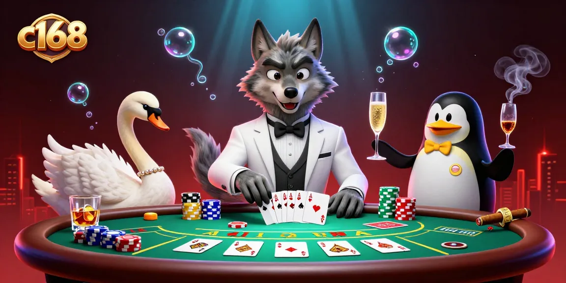 Engage with the vibrant scene of c168 as a debonair wolf and elegant swan deal cards, full of casino excitement.