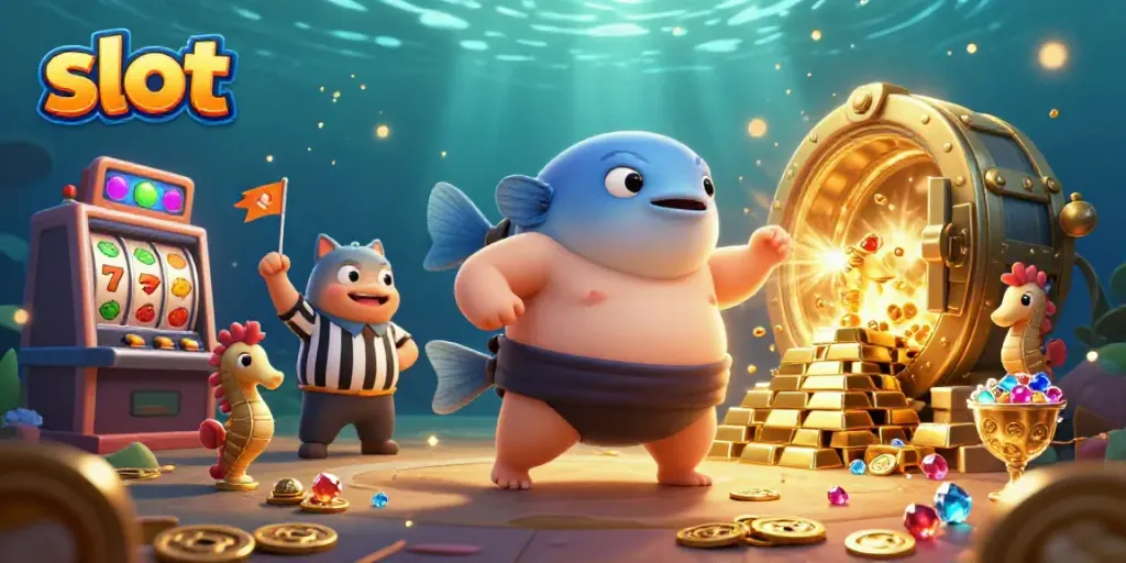 Bermain slot dengan gulungan slot dan simbol buah yang menakjubkan di bawah laut.