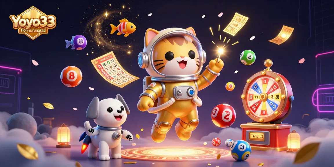 Engage with the vibrant Yoyo33 Bonus rungkad scene featuring a golden space suit cat and dynamic gambling elements.