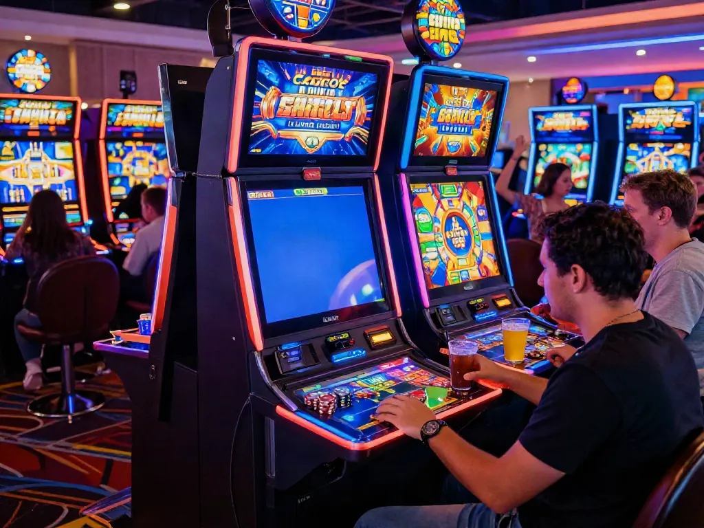 Players enjoying slot gacor gameplay in a vibrant casino setting, showcasing excitement and engagement.
