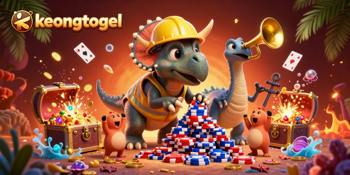 Engage with exciting keongtogel gameplay as a triceratops builds poker chips amidst vibrant casino-themed elements.