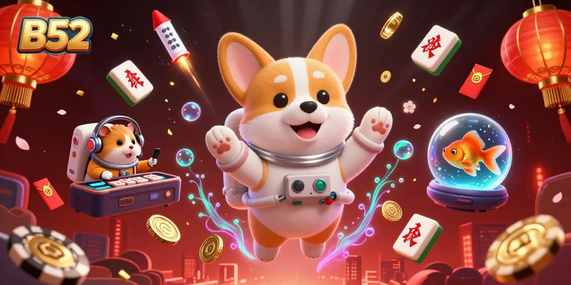Engage with the exciting B52 casino atmosphere featuring a floating corgi and mission-control hamster in a dynamic scene.