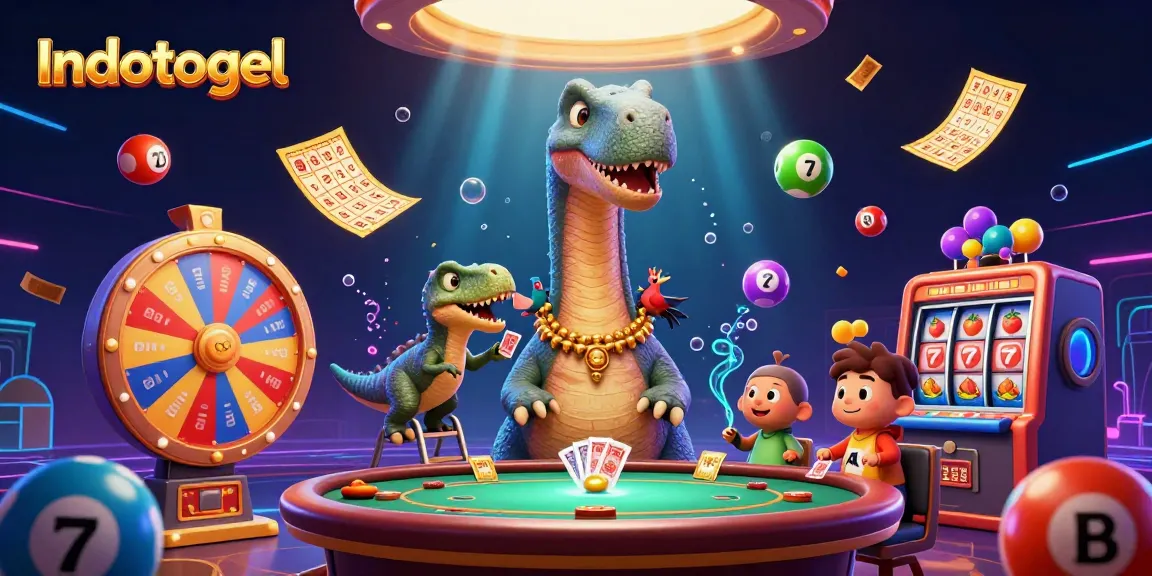 Indotogel features a vibrant 3D casino scene with a brontosaurus and a raptor dealing cards among slot elements.