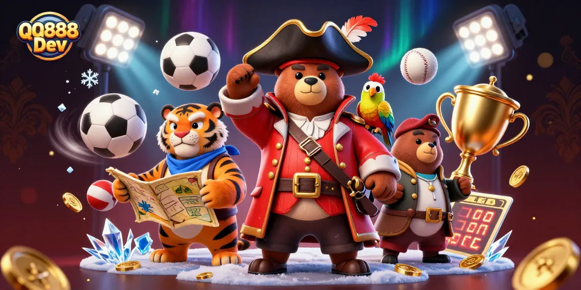 Engaging scene showcasing QQ888 Dev with a cartoon pirate captain bear, fierce tiger, and golden parrot among dynamic sports betting elements.