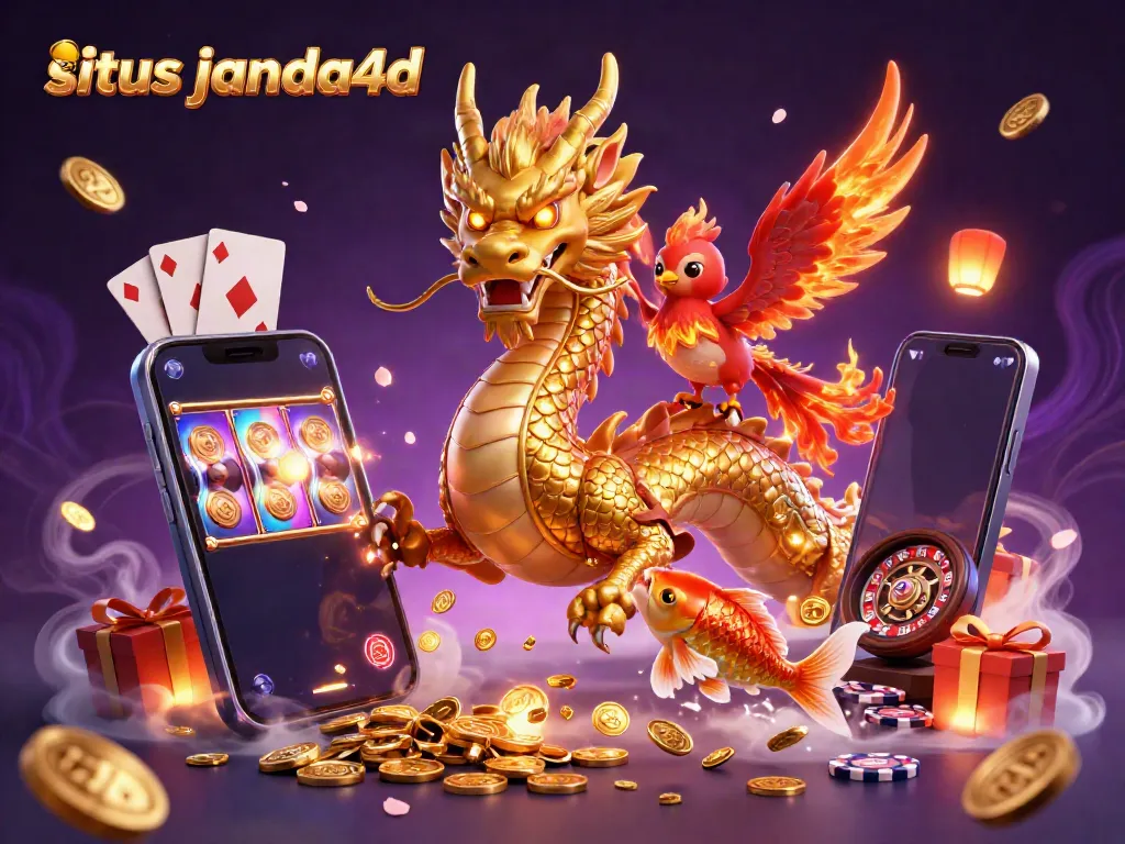 Situs janda4d menghadirkan naga emas dan phoenix lucu dalam ilustrasi kasino ramah pemain.