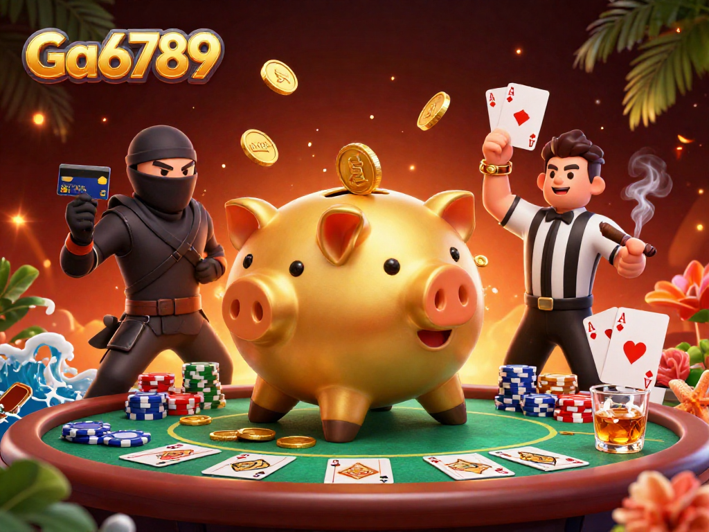 Engage with Ga6789 as the golden piggy bank sumo wrestler unleashes a thrilling poker showdown.
