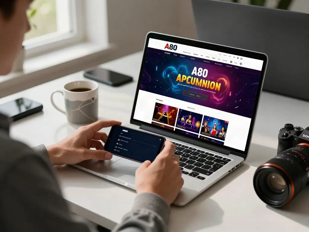 A80 homepage on a laptop showcasing a vibrant online gambling platform with a casual user engaged.