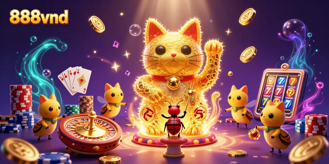 Experience the excitement of 888vnd casino with a vibrant display of game elements and glowing characters.