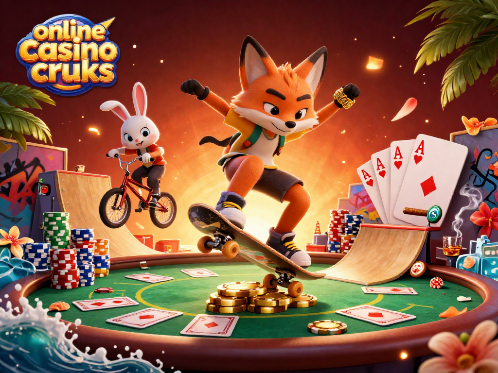 Menghadirkan online casino tanpa cruks, ilustrasi 3D dari seekor rubah yang melakukan trik skateboard di kasino dengan atmosfer yang hidup.