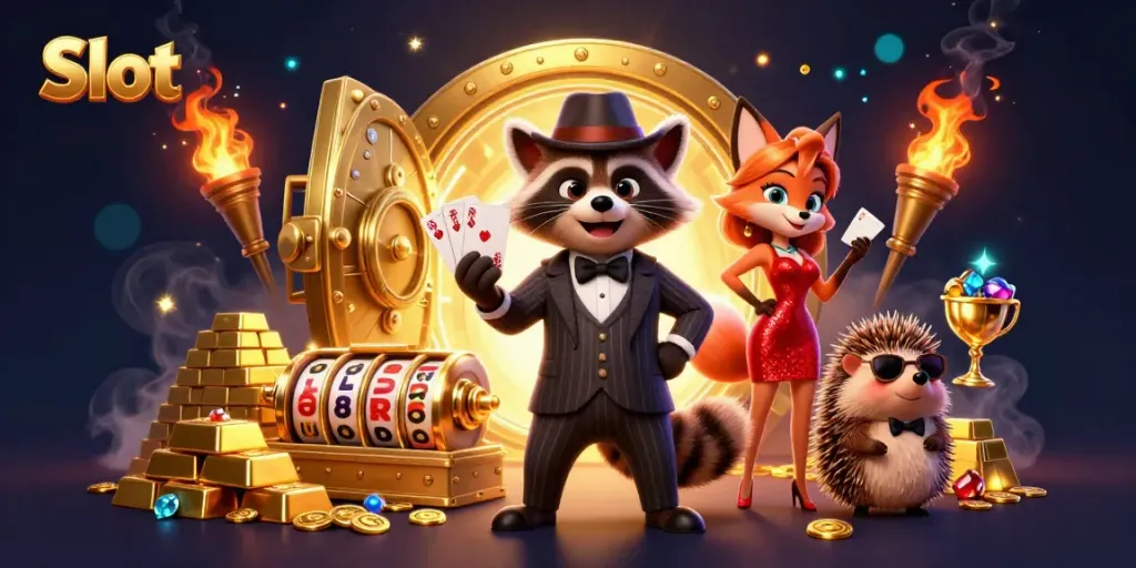 Menangkan jackpot di Slot dengan ilustrasi kasino penuh warna dan karakter menarik.