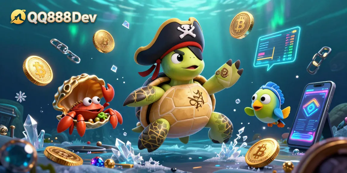 Explore dynamic gambling with QQ888 Dev, where a pirate turtle and friends navigate treasures in a crypto-themed casino.