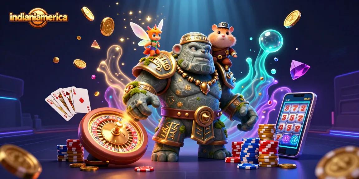 Experience the magic of indianiamerica with a 3D golem and vibrant casino elements.