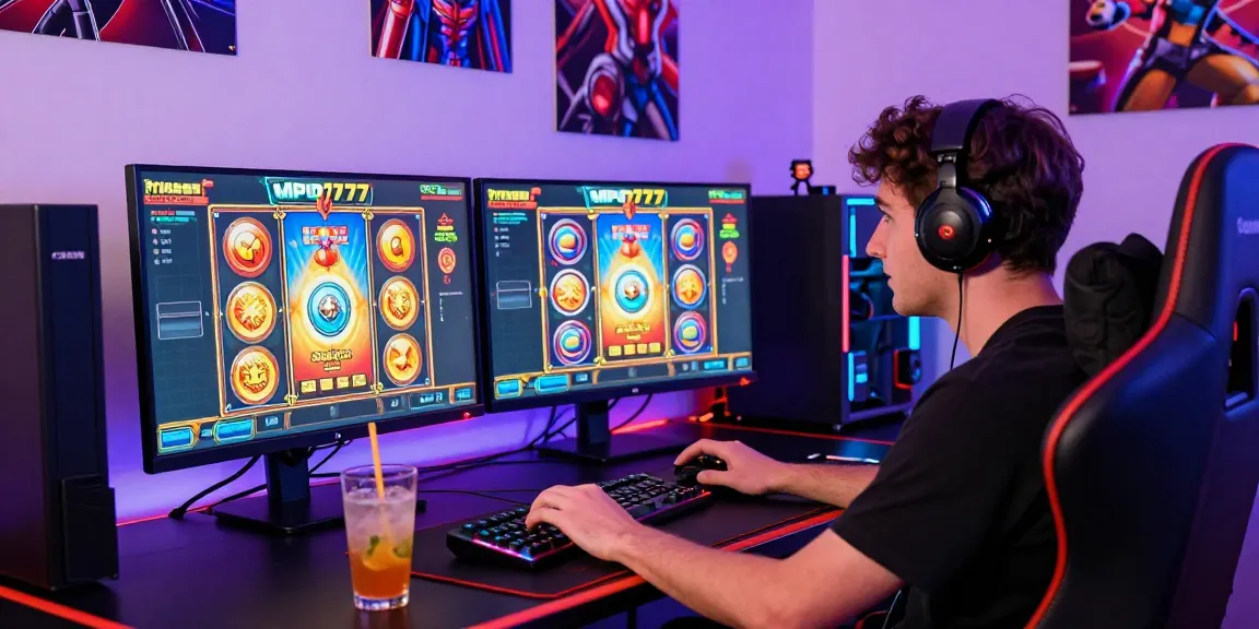 Exciting online gaming atmosphere featuring a player engaged in slot games at MPO777, colorful LED lights, and dual monitors.
