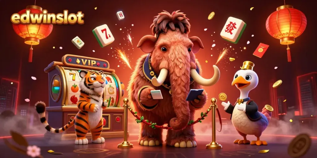 Engage with edwinslot as the cartoon mammoth bouncer welcomes VIPs in a dynamic casino setting.