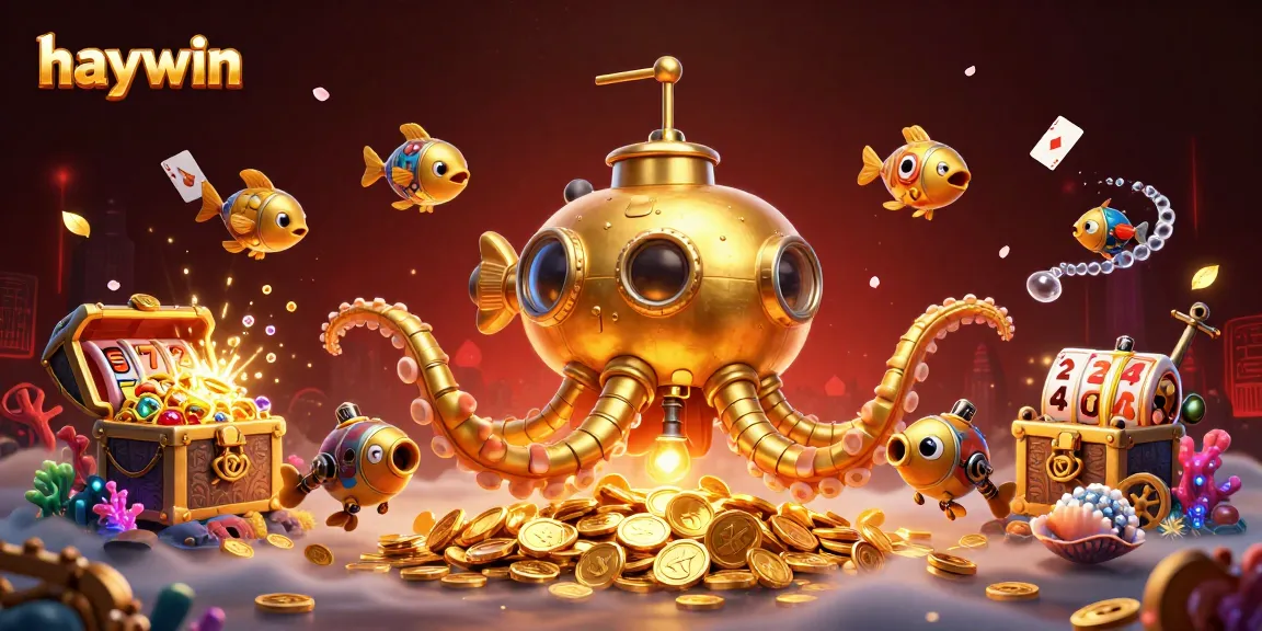 Experience immersive gaming with haywin's golden kraken submarine amidst explosive treasures and classic slot elements.