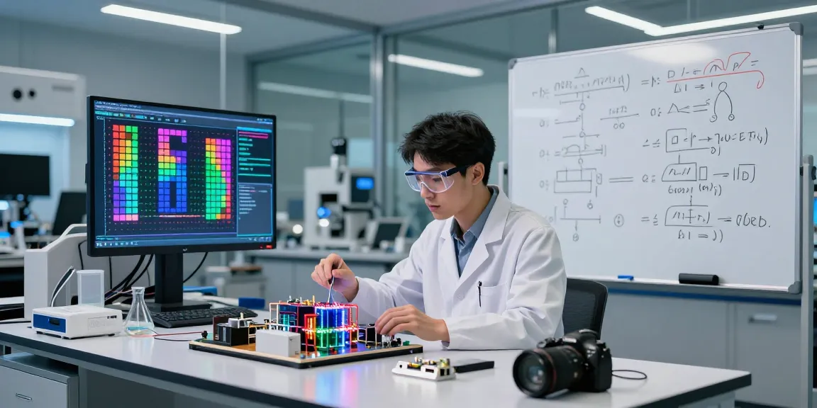 Scientist developing quantum computing technology in a modern lab with colorful qubits and diagrams.