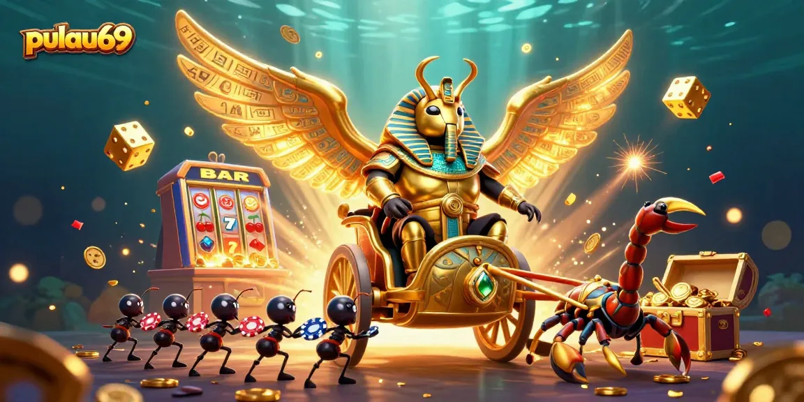 Experience pulau69 in this vibrant 3D scene featuring fortune elements of slots and gold coins.
