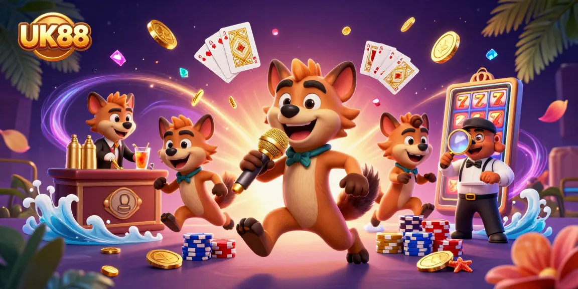Experience the excitement of UK88 with lively hyenas in a vibrant comedy casino scene.