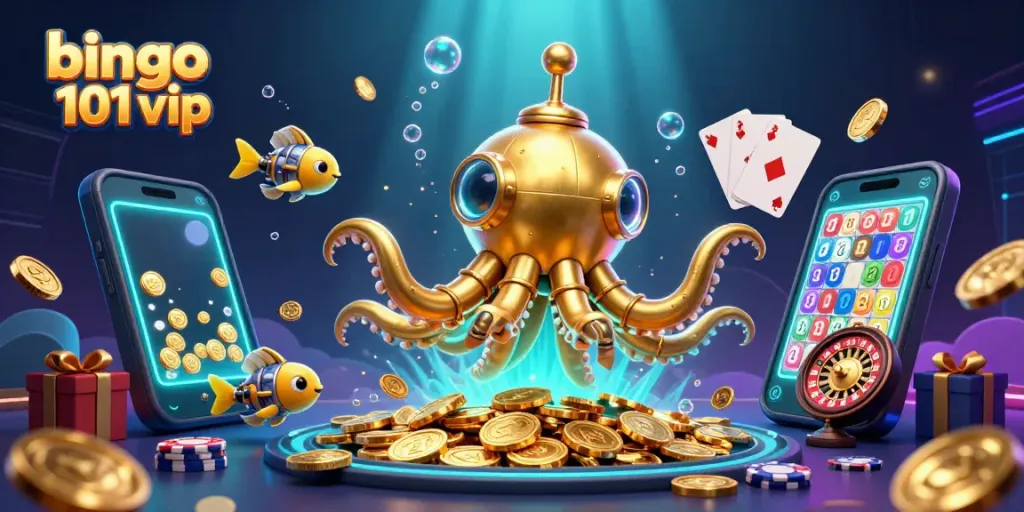 Bingo 101 VIP rewards highlighted by a dynamic kraken submarine and mechanical fish underwater scene.