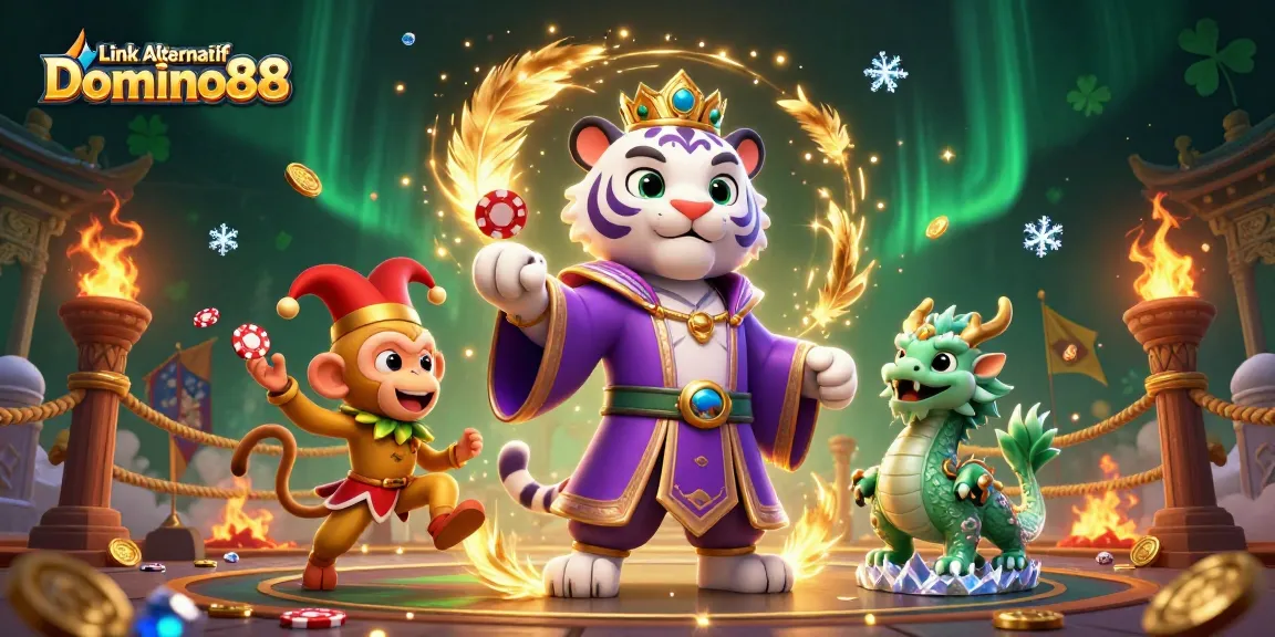 Engage with the Link Alternatif Domino88 illustration showcasing a lively casino scene with animated characters.