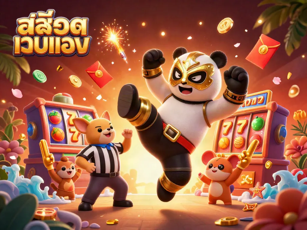 Experience thrilling action with สล็อตเว็บตรง as a panda wrestler leaps into excitement, surrounded by vibrant casino symbols.